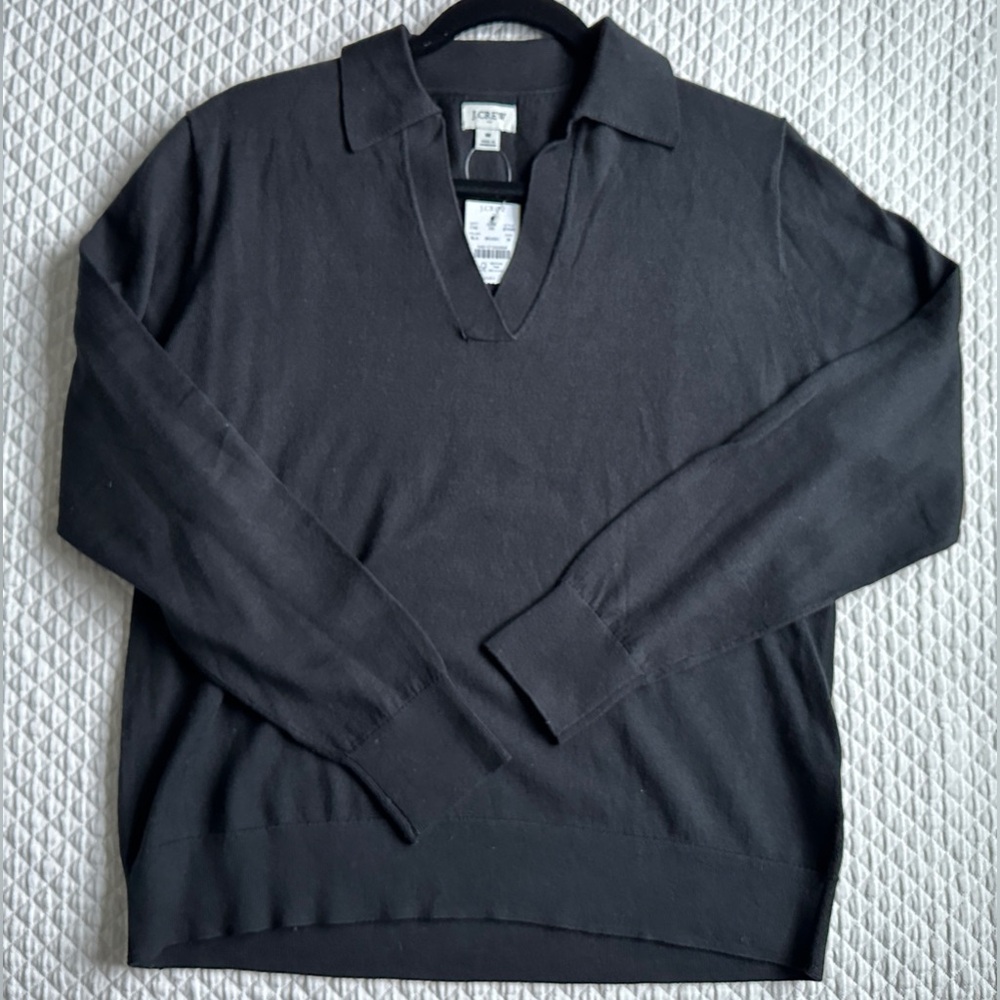 NWT J. Crew cotton black v-neck collared sweater tee size Medium - Picture 5 of 9